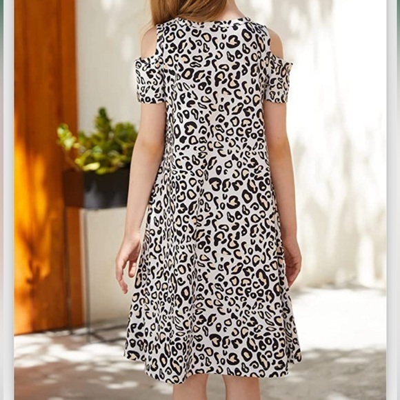 Leopard Print Short Sleeve Cold Shoulder Swing Casual Dress - Picture 3 of 5